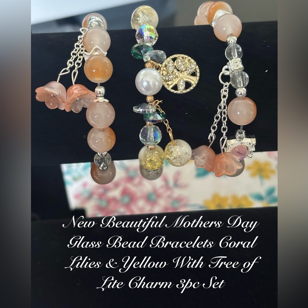 MOTHERS DAY GLASS BEADED BRACELETS CORAL LILIES & YELLOW W/TREE OF LIFE CHARM 3P